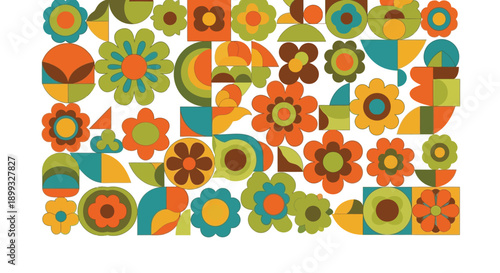 Vibrant collection of retro seventies style floral and abstract geometric shapes creating a seamless pattern design with earthy warm colors