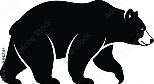 Bear silhouette icon, stylized walking pose with bold features, black vector illustration, wildlife and logo theme, isolated on white background