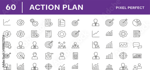 Action Plan Icon Set with Pixel Perfect Outline Strategy, Target, Growth, Management, and Business Planning Symbols for Web, App, and UI Design