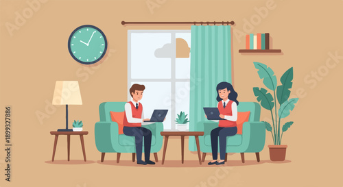 Two people working on laptops in a cozy room with a clock and plant