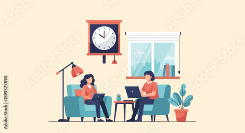 Two people working on laptops in a cozy room with a clock and window