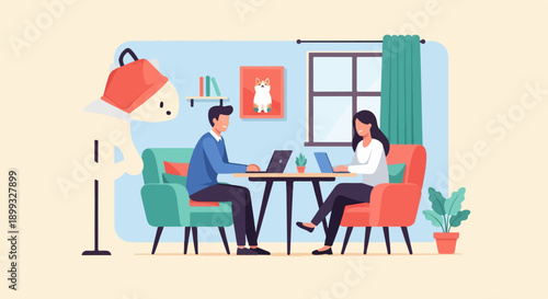 Two people working on laptops in a cozy room with a cat painting