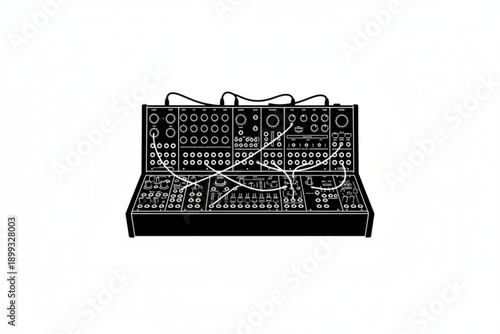 Modular Synthesizer: A detailed silhouette of a modular synthesizer, a complex electronic instrument with interconnected modules, emphasizing its intricate design and potential for sound creation.