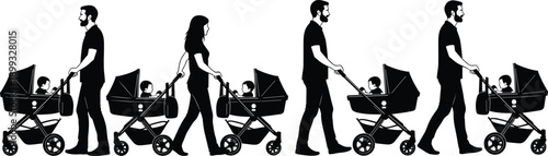 Caregiver and stroller silhouette icon set, adults walking with babies in profile view, black vector illustration, parenting and lifestyle theme, isolated on white background