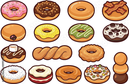 Cute Donut Vector Sticker Set. Strawberry frosted with sprinkles, chocolate glazed, and original glazed doughnuts