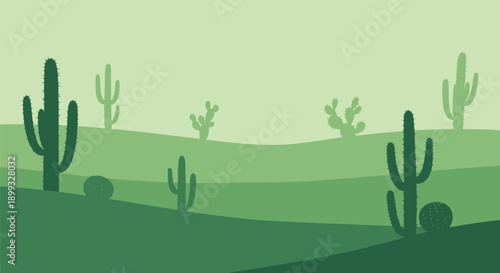 Layered desert landscape illustration in various shades of green featuring silhouettes of tall saguaro cacti and rolling sand dunes.