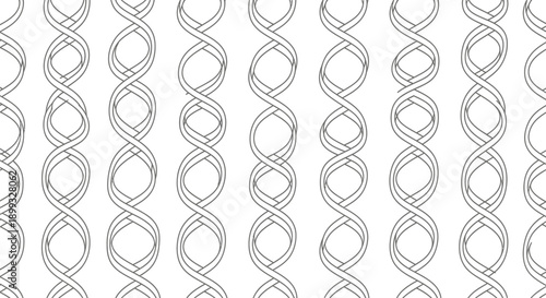 Seamless black and white pattern featuring stylized double helix structures representing the fundamental building blocks of life and genetic science research.
