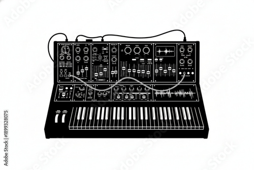Vintage Synth: An artistic monochrome portrayal of a vintage synthesizer, highlighting its intricate knobs, keys, and panel, embodying the essence of classic electronic music creation.