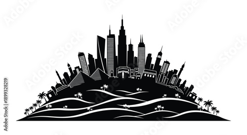 A striking black silhouette of a city skyline atop a hill with palm trees ideal for design projects on transparent background
