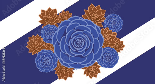 Geometric arrangement of blue and brown succulent plants set on a background of wide diagonal dark blue and white stripes for modern decor.