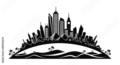 A striking black silhouette of a city skyline with palm trees and a curved landscape on transparent background high quality professional