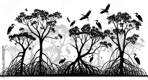 A striking black silhouette of mangrove trees and flying birds against a white backdrop on transparent background silhouette high quality professional
