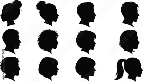 Human profile silhouette icon set, diverse hairstyles and head shapes, black vector illustration, identity and character theme, isolated on white background