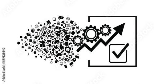 Abstract depiction of growth with gears a chart and a checkmark presented as a silhouette on transparent background high quality professional