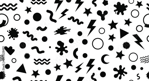 Striking black and white abstract seamless pattern featuring a dynamic assortment of geometric shapes and whimsical doodle elements creating visual energy