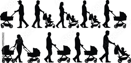 Stroller and caregiver silhouette icon set, adults walking with children or pushing strollers, black vector illustration, parenting and lifestyle theme, isolated on white background