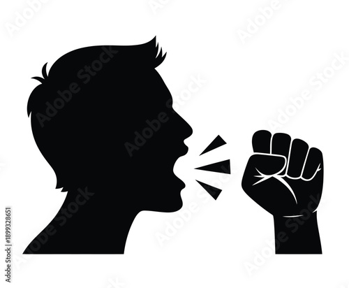 A black silhouette of a person shouting with a clenched fist raised
