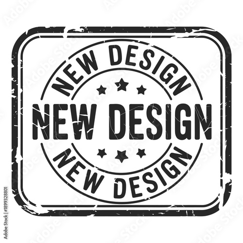 A distressed stamp graphic announces new design with repeated text and stars