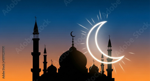 Ramadan Kareem Mosque Silhouette with Crescent Moon and Stars during Sunset