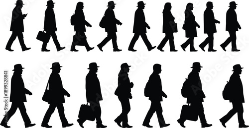 Walking silhouette icon set, diverse postures and accessories, black vector illustration, human motion and lifestyle theme, isolated on white background