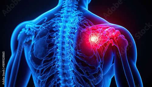 Human anatomy illustration highlights intense pain sensation within the shoulder joint area