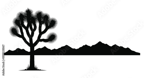 A striking black silhouette of a desert landscape featuring a joshua tree and mountains on transparent background high quality professional detailed
