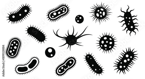 Various microorganisms depicted in a striking black silhouette