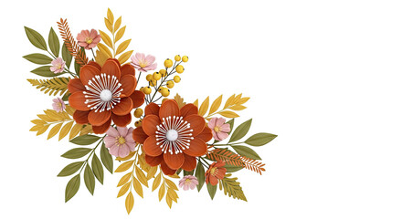 Autumn Floral Arrangement with Red, Pink, and Yellow Flowers and Green Leaves