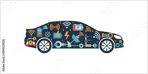 Smart Car Technology Concept Connected Auto Icons.