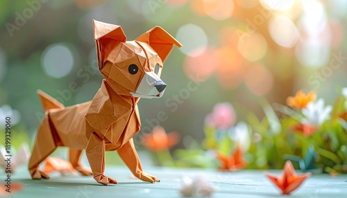 Origami Chihuahua Dog in a Garden Setting.