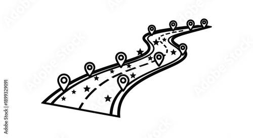 A winding road with location markers depicted as a silhouette
