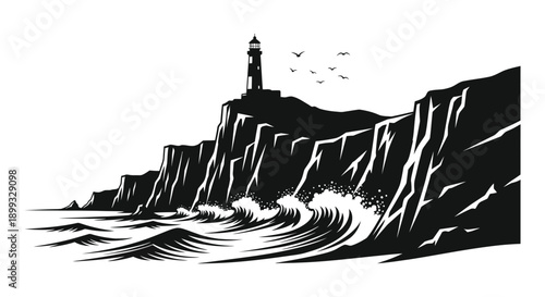 A dramatic coastal landscape featuring a lighthouse atop cliffs and crashing waves presented as a silhouette on transparent background high quality