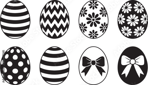 Collection of eight decorative easter egg silhouettes with various patterns isolated on transparent background