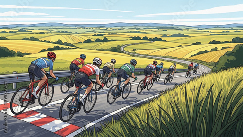 Cyclists riding in a group on a winding road through a scenic countryside landscape.
