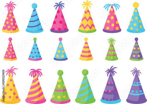 Colorful party hat collection with different patterns and shapes for birthday celebration decoration in flat cartoon vector style