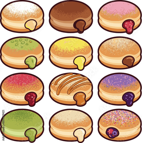 Cute Filled Donut Vector Illustration. Bomboloni with powdered sugar and custard filling oozing sticker