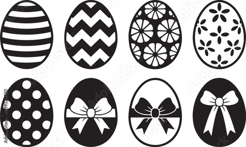 Collection of eight decorative easter egg silhouettes with various patterns isolated on transparent background