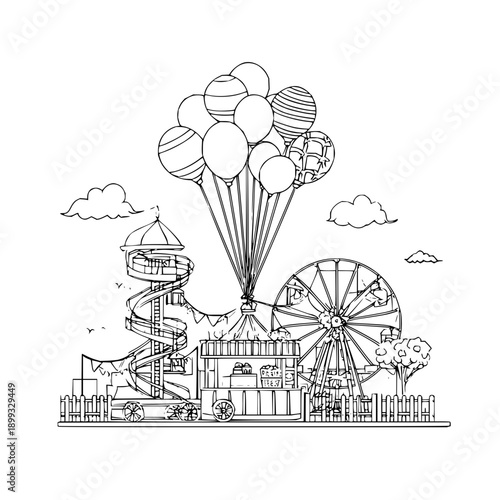 Amusement park scene with rollercoaster ferris wheel and balloons in black and white illustration perfect for carnival and fair themes