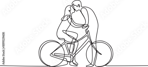Continuous line drawing of cute romantic couple in love riding bicycle vector illustration