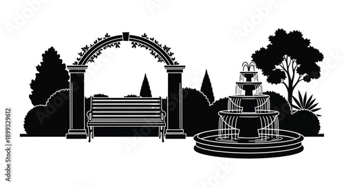 A striking black silhouette of a garden archway bench and fountain excellent for design work on transparent background high quality professional
