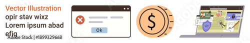 Online security, financial technology, cybersecurity, error notification, data management, digital tools. Browser error message, dollar coin laptop interface with security icons. Online security