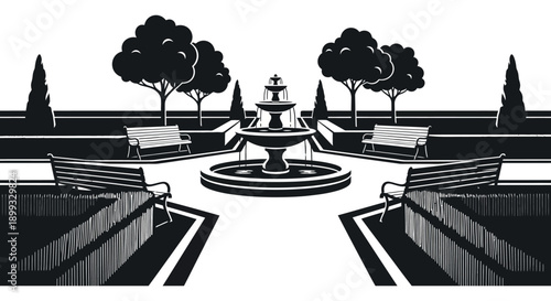 A striking black and white illustration of a park fountain with trees and benches ideal for design work on transparent background silhouette
