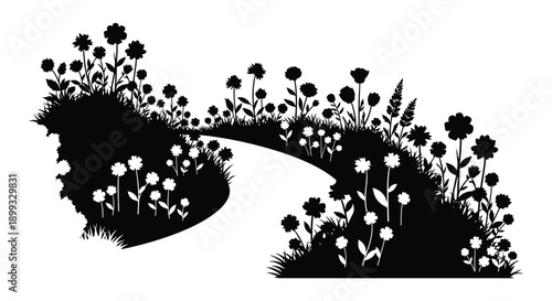 A black silhouette of a winding path through a field of flowers ideal for design work on transparent background high quality