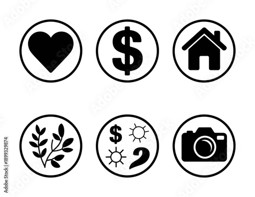 Black circular depicting a heart a dollar sign a house a plant a sun and a camera money home