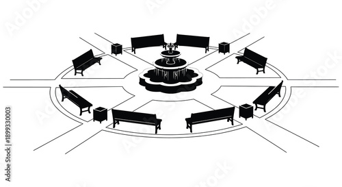 A black silhouette of a circular park featuring a fountain benches and landscaping on transparent background high quality professional detailed modern