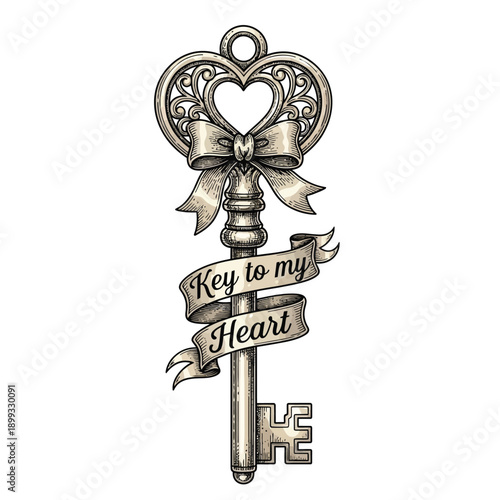 Elegant vintage key with heart shaped bow and ribbon symbolizing love and affection in a beautifully designed illustration perfect for romantic occasions and heartfelt gestures.