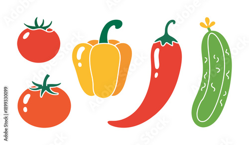 Collection of Fresh Vegetables Tomato Bell Pepper Chili Pepper Cucumber White Background green