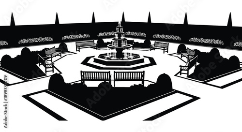 A striking black silhouette of a formal garden with a central fountain benches and manicured hedges on transparent background high quality