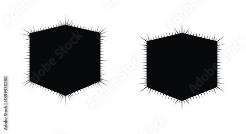 Two black spiky hexagonal shapes against a white background silhouette
