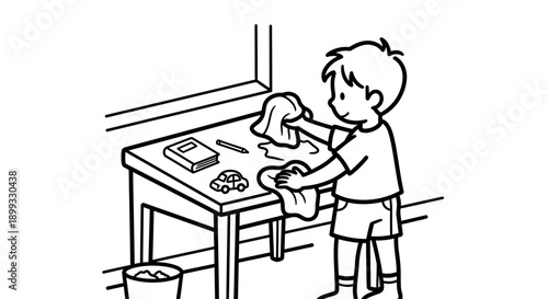 Boy Cleaning Desk with Cloth.